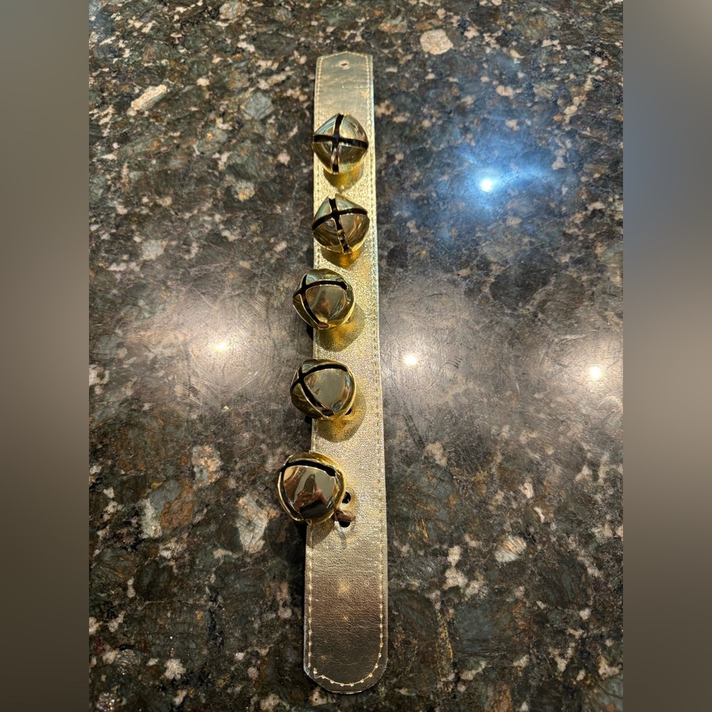 5 Sleigh Bells Door Hanger Steel Bells Gold Leather Strap Very Nice S